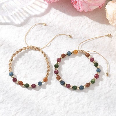 2Pcs Adjustable Natural Green Jade Imitation Tourmaline & Brass Beads Braided Bead Bracelets for Women BJEW-JB13542-01-1