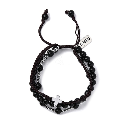 Adjustable Natural Obsidian & Hematite Braided Bead Bracelets BJEW-U035-01A-1
