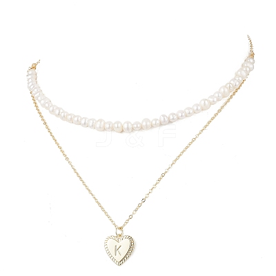 Natural Cultured Freshwater Pearl Potato Beaded Brass Heart with Letter Pendant Double Layer Necklaces NJEW-JN05392-01-1