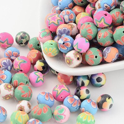 Handmade Flower Pattern Polymer Clay Round Beads CLAY-Q172-M-1