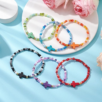 6Pcs Synthetic Turquoise Beaded Stretch Bracelets BJEW-JB11218-1