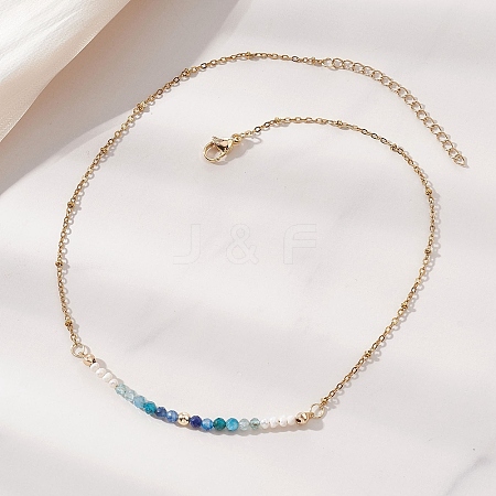 3.5MM Faceted Round Natural Kyanite & Apatite and Potato Pearl Beaded Necklaces NJEW-JN05976-01-1