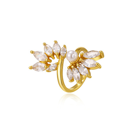 Brass & Clear Cubic Zirconia & Plastic Pearl Cuff Rings FS-WG38E75-05-1