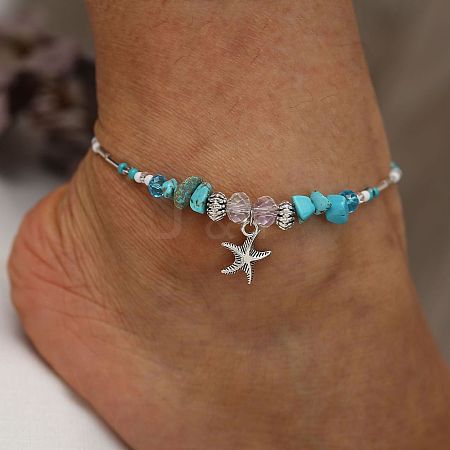 Synthetic Turquoise Chips Beads Anklets WGE754A-01-1