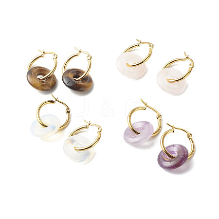 Disc Natural & Synthetic Stone Pendant Huggie Hoop Earrings EJEW-JE04616-1