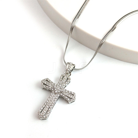 Brass Micro Pave Clear Cubic Zirconia Cross Pendant Necklaces NJEW-K273-03P-1