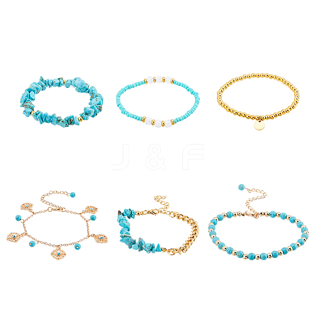 FIBLOOM 6Pcs 6 Style Alloy Flower Charm Bracelets Set BJEW-FI0001-79-1