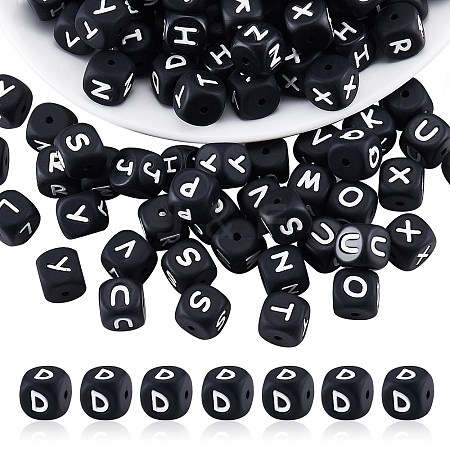 20Pcs Black Cube Letter Silicone Beads 12x12x12mm Square Dice Alphabet Beads with 2mm Hole Spacer Loose Letter Beads for Bracelet Necklace Jewelry Making JX433D-1