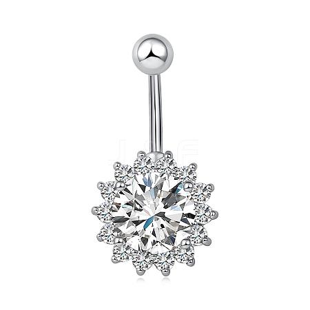 Piercing Jewelry Real Platinum Plated Brass Rhinestone Flower Navel Ring Belly Rings AJEW-EE0001-29A-1