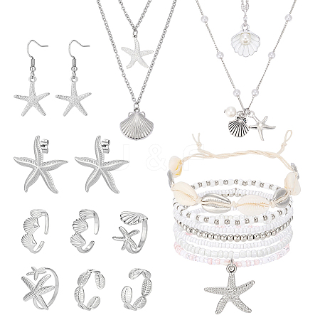 Ocean Theme Brass & 304 Stainless Steel Necklaces & Bracelets & 304 Stainless Steel Earring & Brass Cuff Rings Sets SJEW-PH00007-1