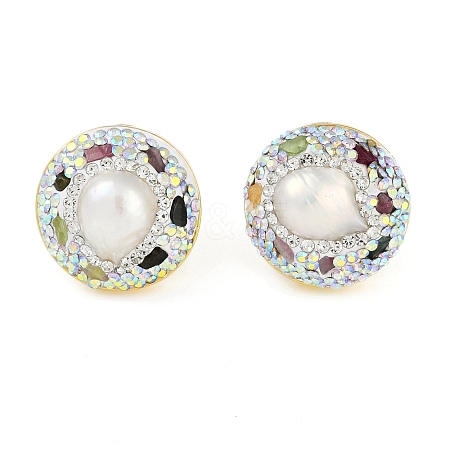 Rack Plating Flat Round Brass With Natural Tourmaline & Rhinestone EJEW-U010-02C-G-1