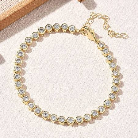 Brass Pave Cubic Zirconia Flat Round Link Chain Bracelets KK-CBA6980-17G-B-1