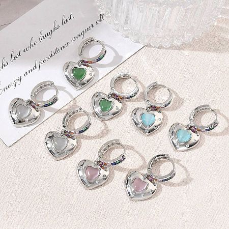 Brass Micro Pave Cubic Zirconia and Cat Eye Beads Heart Hoop Dangle Earrings KK-CBAD9DF-01P-1
