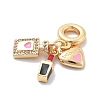 Brass Pink Enamel & Clear Cubic Zirconia Dangle Charms KK-M305-15G-01-3