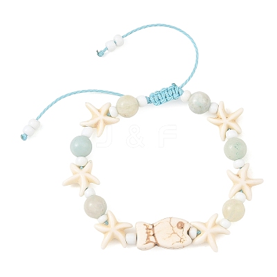 Ocean Synthetic Turquoise Fish Starfish and Natural Flower Amazonite Round Braided Bead Bracelets BJEW-JB14477-1