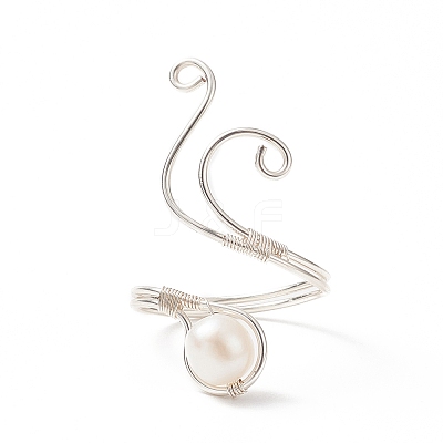 Copper Wire Wrapped Natural Freshwater Pearl Cuff Rings for Women RJEW-JR00553-02-1