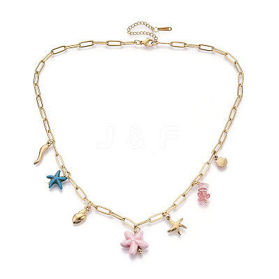 304 Stainless Steel Starfish & Shell & Conch Pendant Necklaces NJEW-N063-01G-1