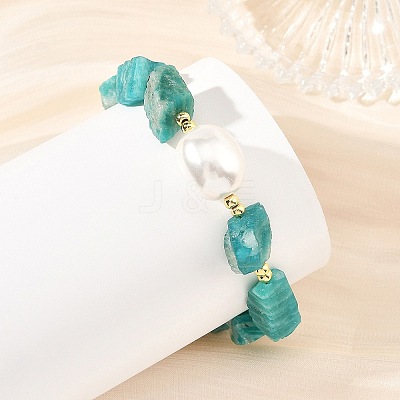 Raw Natural Amazonite and Oval Shell Pearl Beaded Bracelets BJEW-JB14389-1