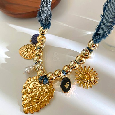 316L Surgical Stainless Steel & Resin & Plastic Pearl Heart Pendant Denim Cloth Bib Necklaces for Women WGD44EE-01-1