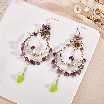 Natural Amethyst Chips Beaded Big Teardrop Dangle Earrings EJEW-SW00016-03-1