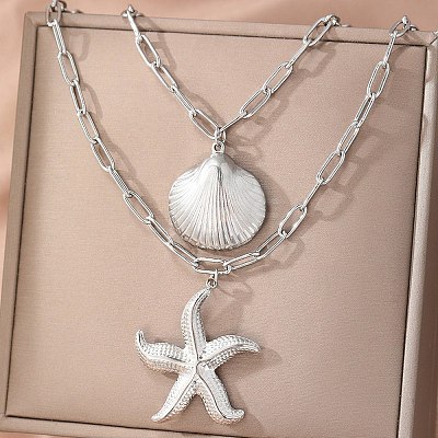 Bohemian Styles 304 Stainless Steel Starfish and Shell Shape Pendant Double Layer Necklaces for Women LS-NJEW-F343-01P-1