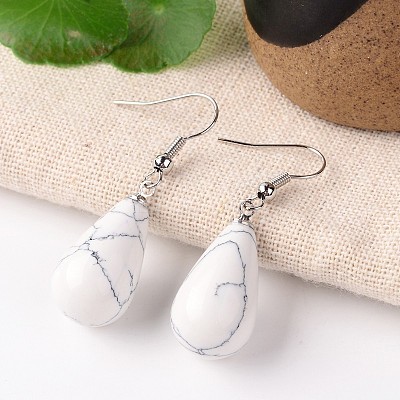 Natural Howlite Teardrop Dangle Earrings EJEW-J086-06-1