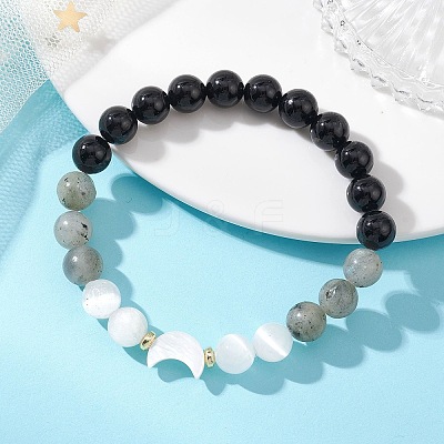 Natural Selenite & Labradorite & Black Tourmaline & Shell Beaded Stretch Bracelets for Women X-BJEW-JB13084-1