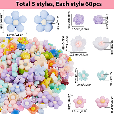 300Pcs 5 Styles Opaque Resin Cabochons RESI-SP0001-13-1