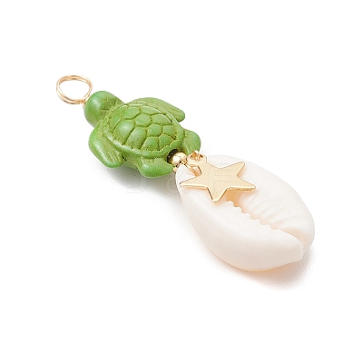 4Pcs 4 Styles Natural Cowrie Shell & Dyed Synthetic Turquoise Turtle Copper Wire Wrapped Pendants PALLOY-JF04035-03-1