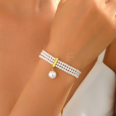 Natural Freshwater Pearl Round Charm Multi-strand Bracelets with 201 Stainlee Steel End Chains UK4868-1