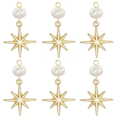 6Pcs Brass & Natural Pearl Star Pendants KK-BBC0019-33-1