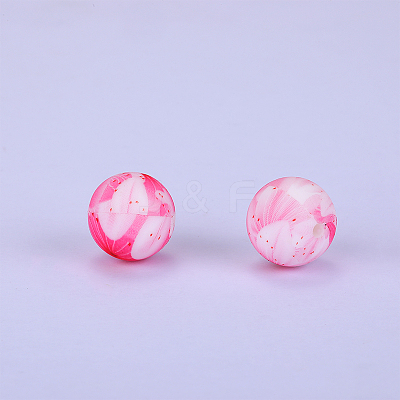 Printed Round with Flower Pattern Silicone Focal Beads SI-JX0056A-171-1