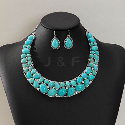 Teardrop Synthetic Turquoise Pendant Necklaces & Dangle Earrings Sets FS-WGC94F7-01-1