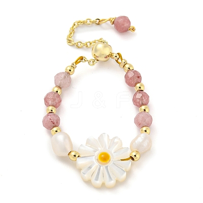Natural Tourmaline & Pearl & Shell Flower Beaded Slider Finger Rings RJEW-H220-01G-1