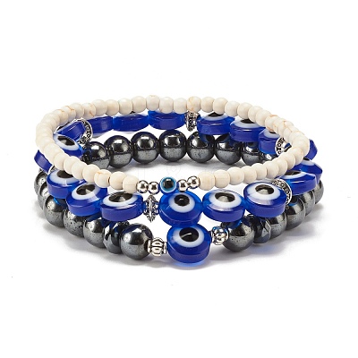 3Pcs 3 Style Synthetic Turquoise(Dyed) & Hematitie Round Beaded Stretch Bracelets Set BJEW-JB07620-1