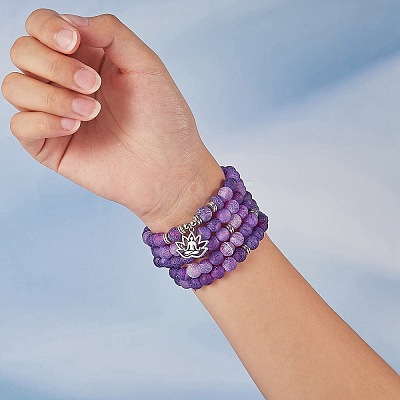 Natural Weathered Agate Round Beaded Wrap Bracelet with Alloy Ohm/Aum Lotus AJEW-PH00503-01-1