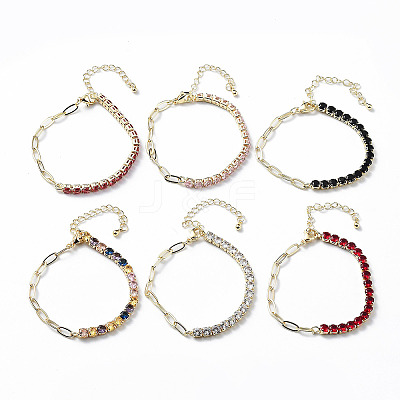 Brass Micro Pave Cubic Zirconia Strass & Paperclip Chain Bracelets BJEW-C052-04G-1