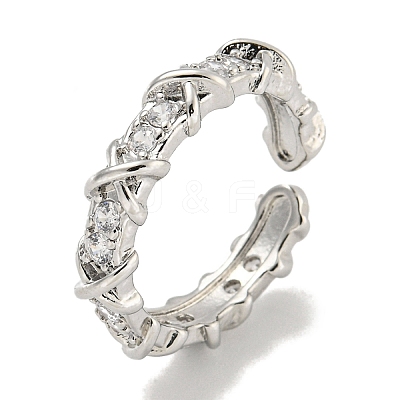 Cross Brass Micro Pave Cubic Zirconia Open Cuff Ring for Women RJEW-E296-12P-1