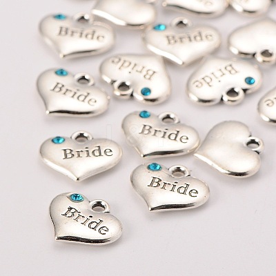 Wedding Theme Antique Silver Tone Tibetan Style Heart with Bride Rhinestone Charms X-TIBEP-N005-12A-1
