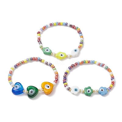 3Pcs 3 Style Heart & Flower & Hamsa Hand Lampwork & Seed Beaded Stretch Bracelets BJEW-JB09372-1