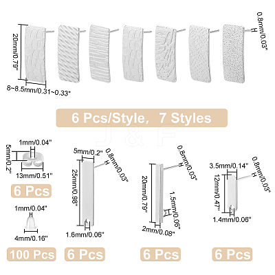 60Pcs 10 Style Rectangle Shape 201 & 304 Stainless Steel Stud Earring Finding STAS-PH0005-29-1