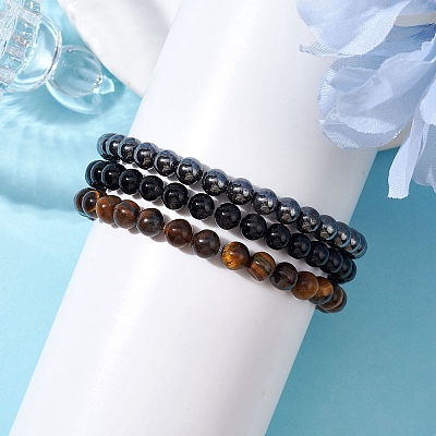 3Pcs 3 Style Natural & Synthetic Mixed Stone Round Beaded Stretch Bracelets BJEW-JB10178-02-1