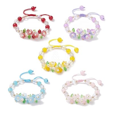 Flower Glass & Acrylic Braided Bead Adjustable Bracelets for Women BJEW-JB10446-1
