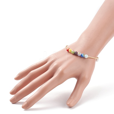 Handmade Millefiori Glass Round Beaded Cuff Bangle with Pearl BJEW-JB08327-1