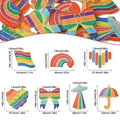 14Pcs 7 Shapes Rainbow Style Printed Acrylic Glitter Powder Pendants OACR-CJ0001-93-1