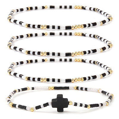 4Pcs Vintage Cylinder Seed Beads & Brass Beaded Bracelet Sets VC6317-7-1