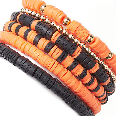 6Pcs 6 Styles Halloween Handmade Polymer Clay Beaded Stretch Bracelets Sets BJEW-TA00490-1