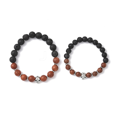 2Pcs 2 Styles Halloween Natural Wood & Lava Rock Round Beads Stretch Bracelets BJEW-JB12351-1