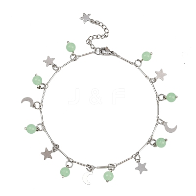 201 Stainless Steel Moon Star & Natural Dyed Malaysia Jade Round Charm Brass Bar Link Chain Anklets AJEW-AN00732-03-1