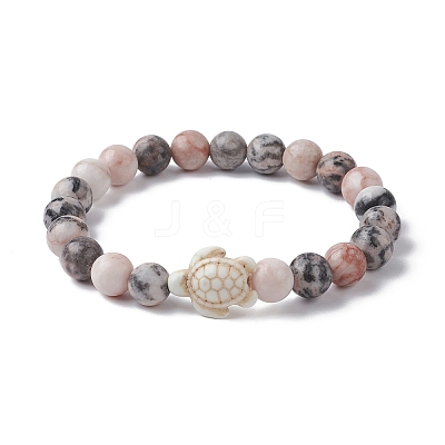 Natural Pink Zebra Jasper & Howlite Turtle Beaded Stretch Bracelets BJEW-JB09831-1